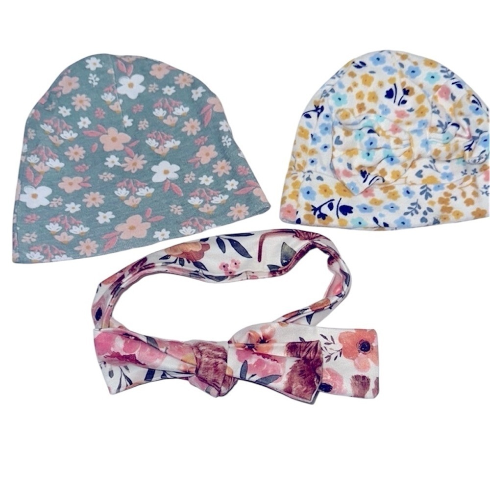 Floral Kids boho hats Headband and Beanie Set 0-6 Months